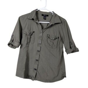 Style & Co Junior Medium Shirt Green Roll Tab Sleeve Button Up Pocket Cotton